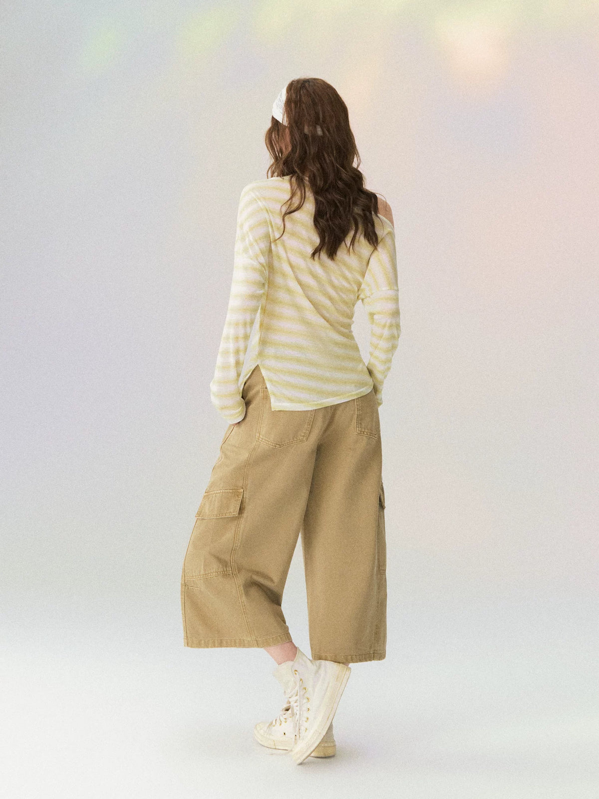 Sheer Off-Shoulder Striped Long Sleeve T-shirt