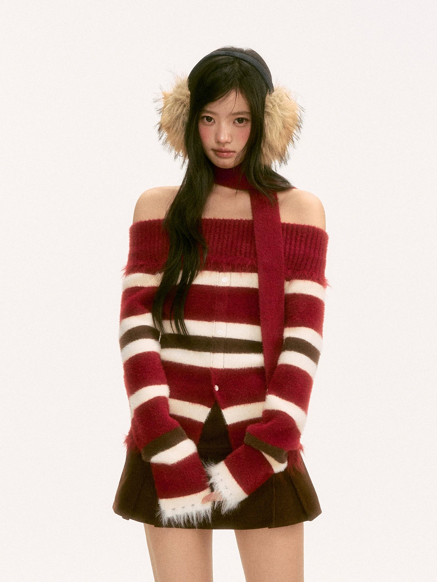 Red Off-Shoulder Contrast Stripe Knit Top