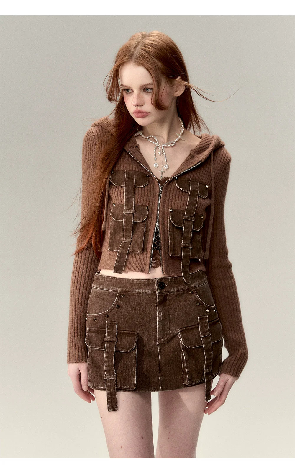 Coffee &amp; Gray Patchwork Drawstring Cardigan
