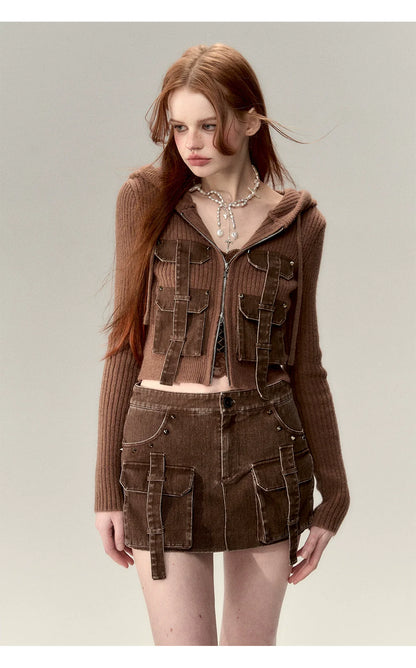 Coffee &amp; Gray Patchwork Drawstring Cardigan