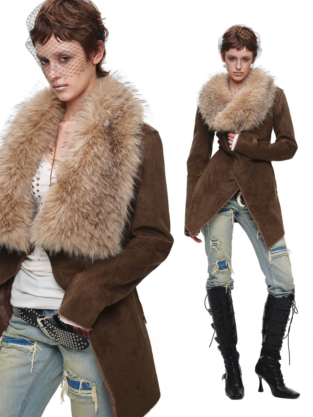 Suede Detachable Fur Collar Coat