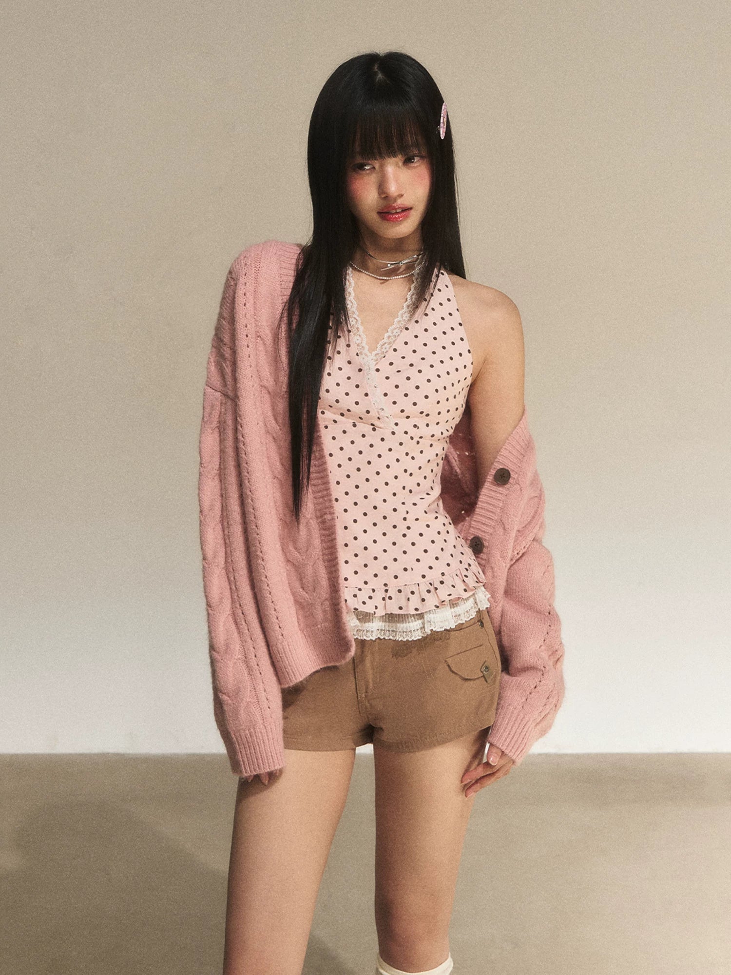 Pink Cable Knit Cardigan