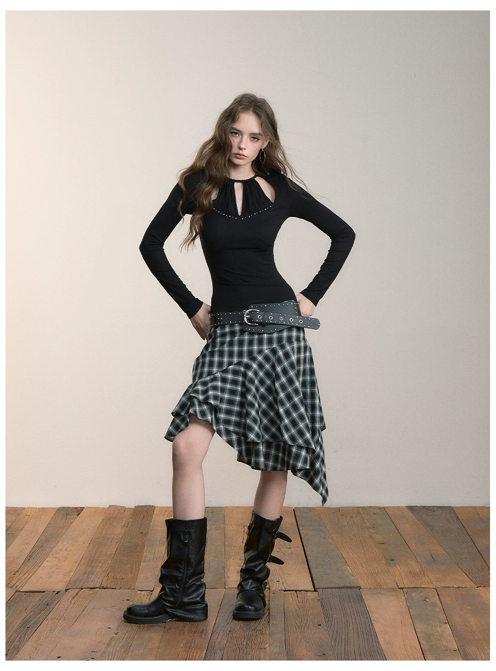 Asymmetric Plaid Midi Skirt
