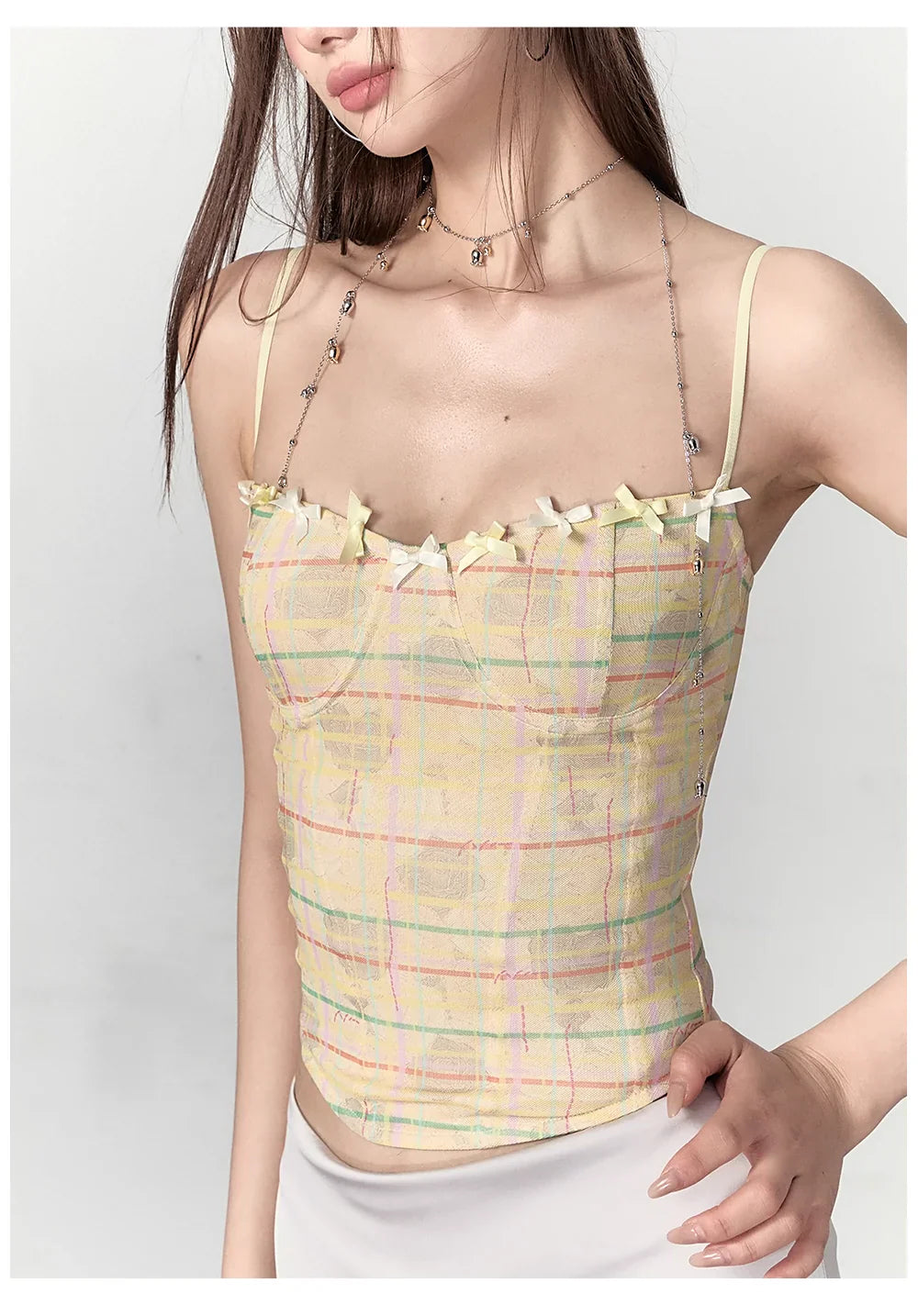 Pink &amp; Yellow Plaid Bow Tie Tank Top