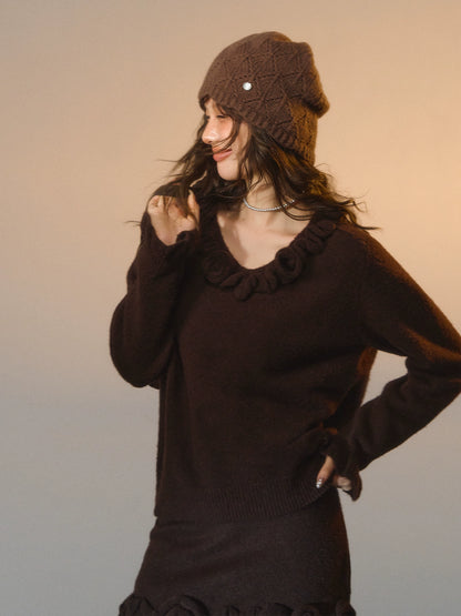 3D Rose V-Neck Knit Set