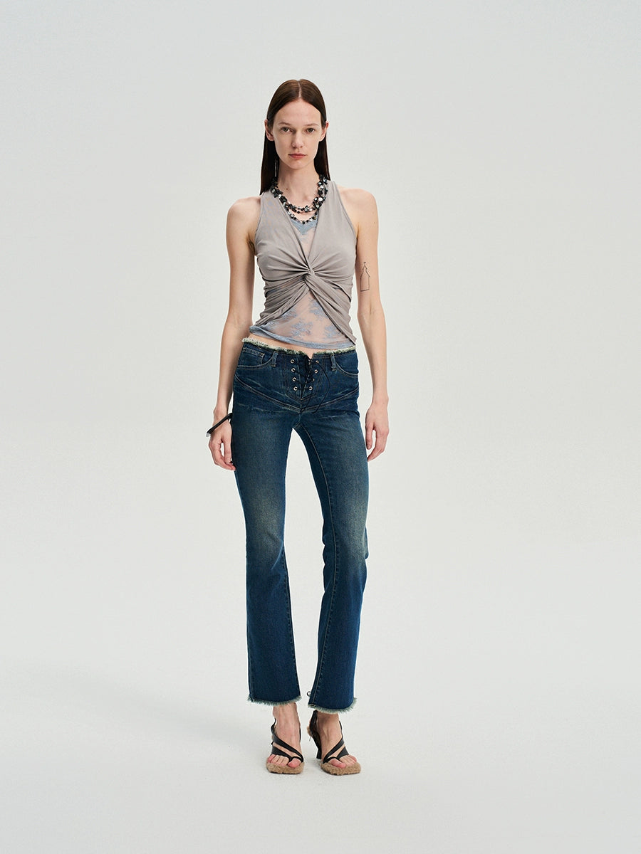 Lace Panel Twist Knit Tank