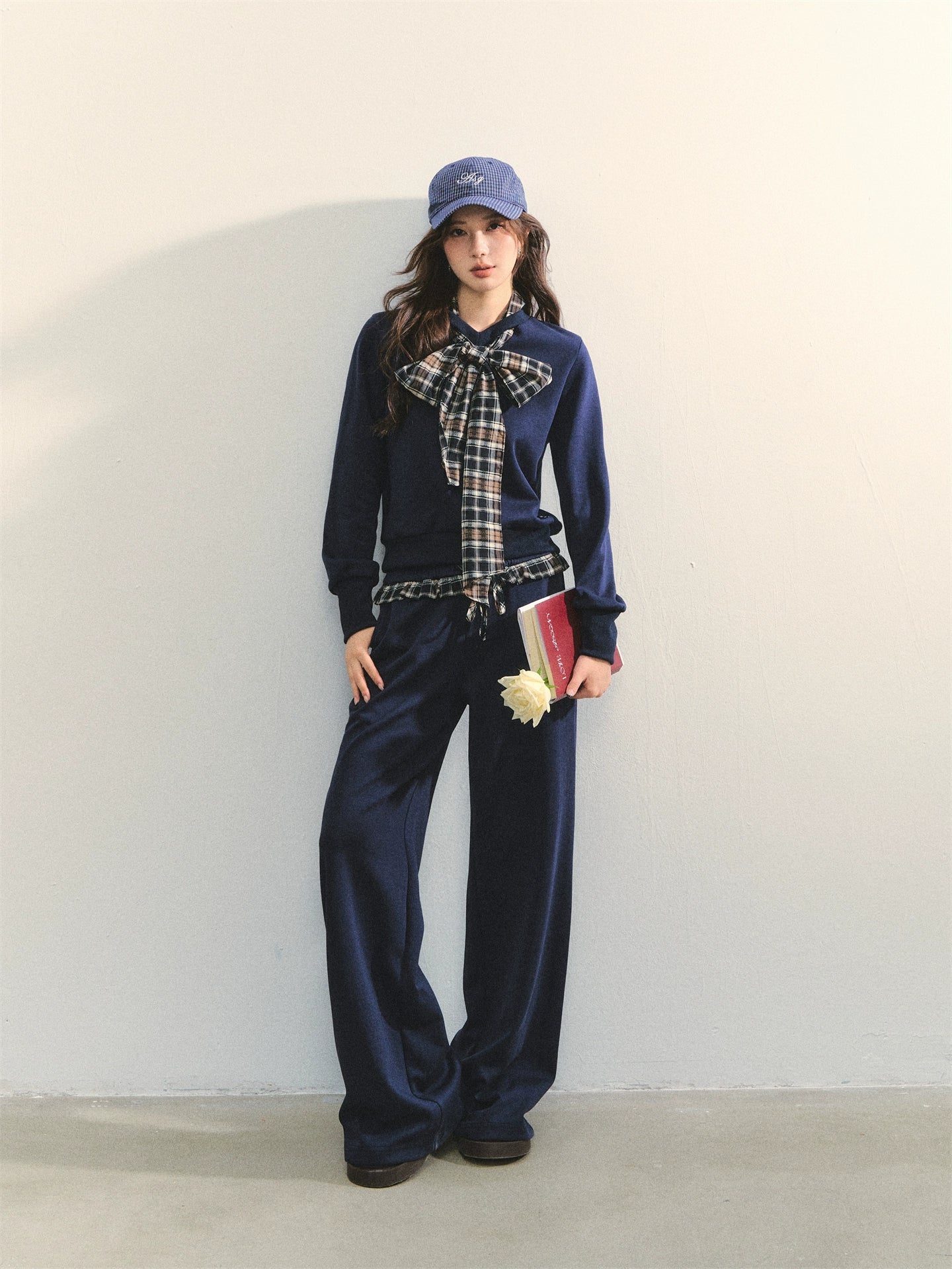 Navy Blue Plaid Bow-Tie Sweatshirt &amp; Pants Set