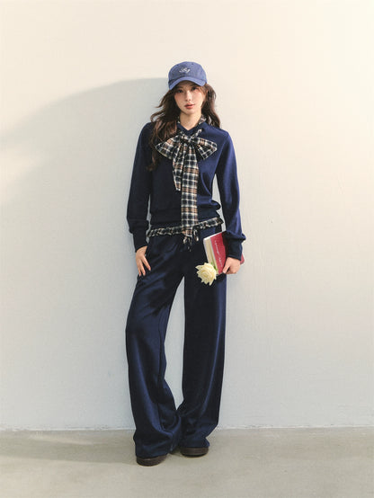 Navy Blue Plaid Bow-Tie Sweatshirt &amp; Pants Set