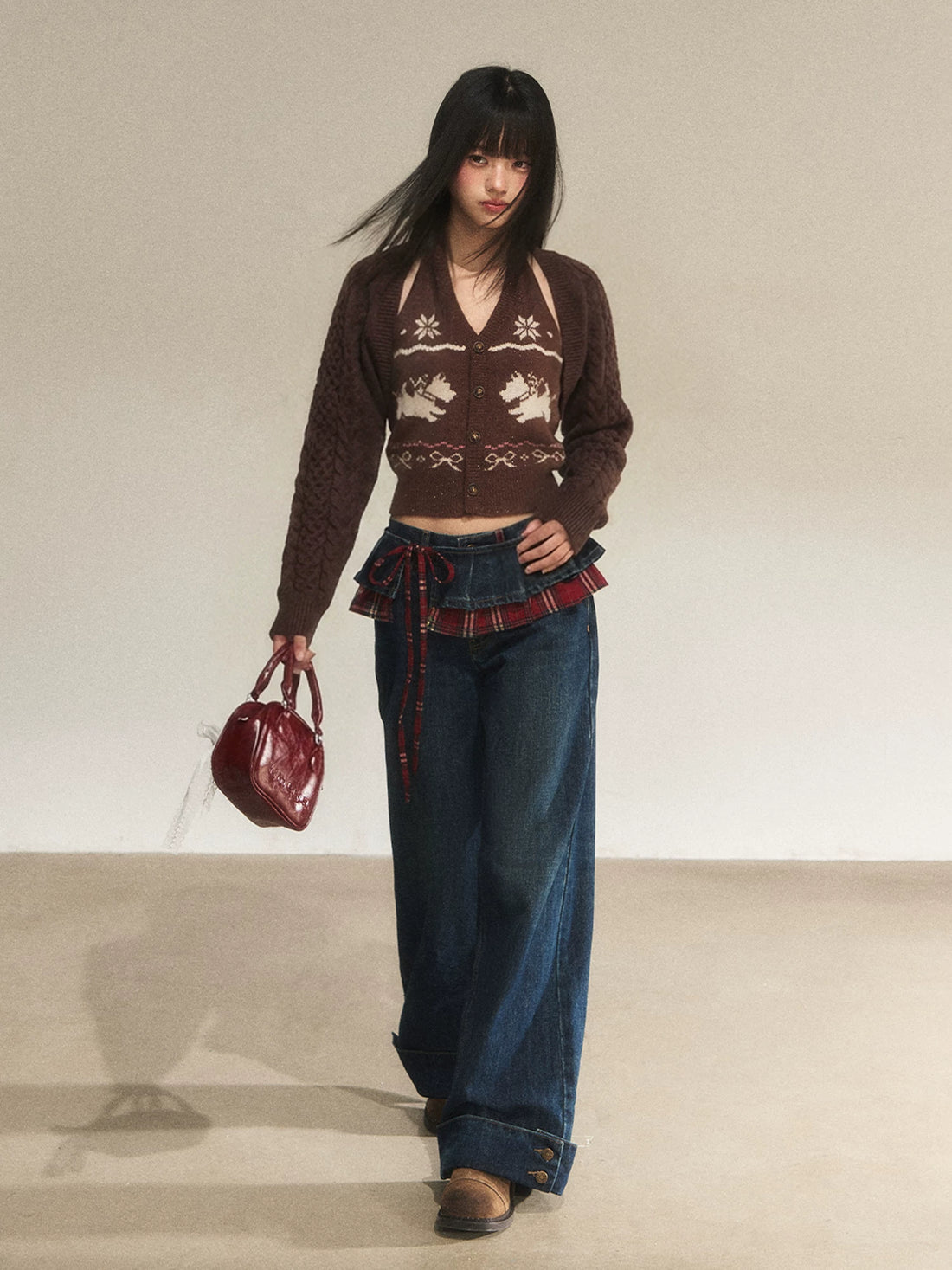 Vintage Patchwork Plaid Wide-Leg Jeans