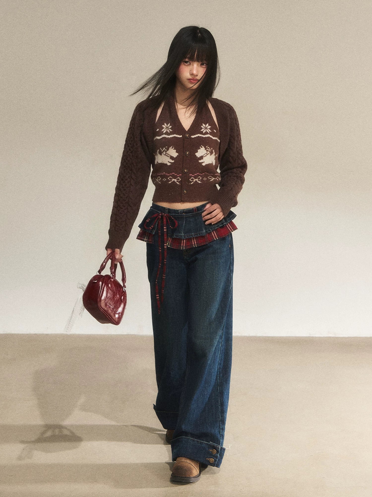 Vintage Patchwork Plaid Wide-Leg Jeans
