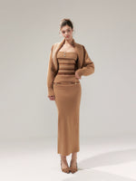 Khaki Striped Oversized Collar Knit Cardigan and Pants Set