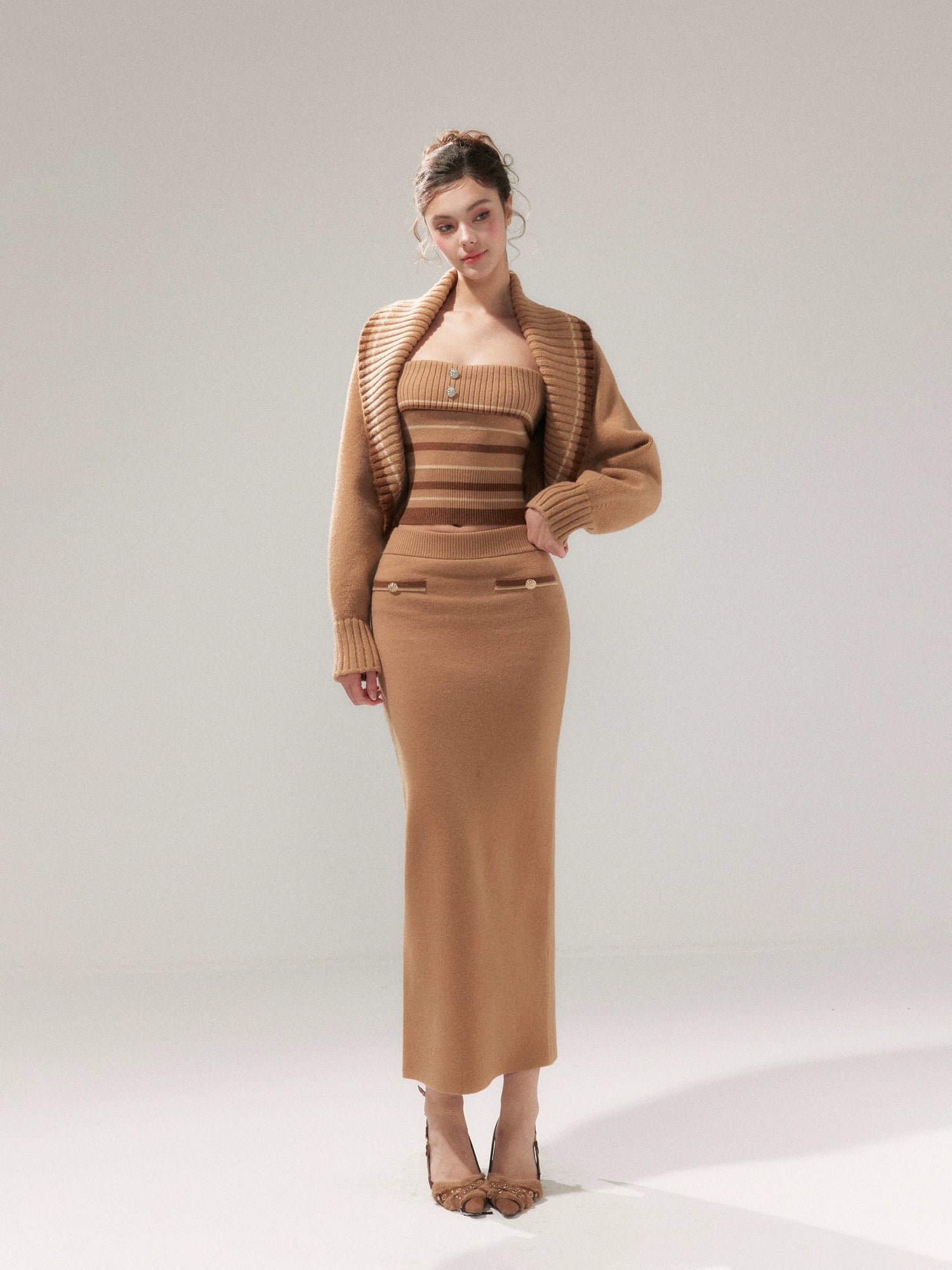 Khaki Striped Oversized Collar Knit Cardigan and Pants Set