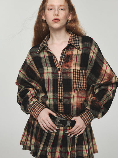 Tie-dye Plaid Shirt &amp; Mini Skirt Set