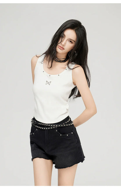 White &amp; Black Butterfly Printed U-neck Tank Top