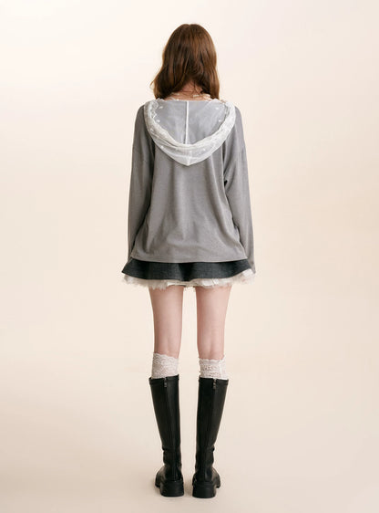 Lace Hooded Long-Sleeve T-Shirt