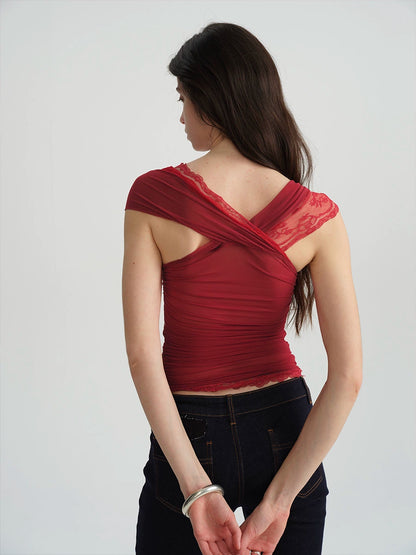 Two-Tone Mesh Lace Cross-Front Blouse