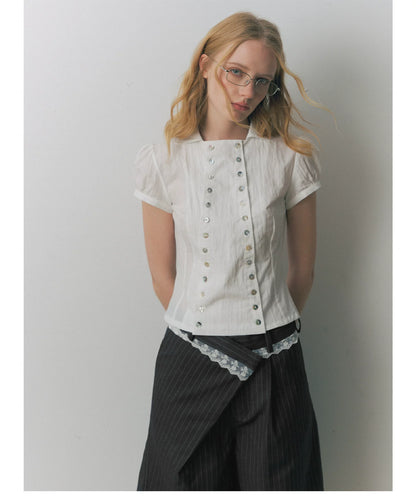 Shell Button Puff Sleeve Shirt