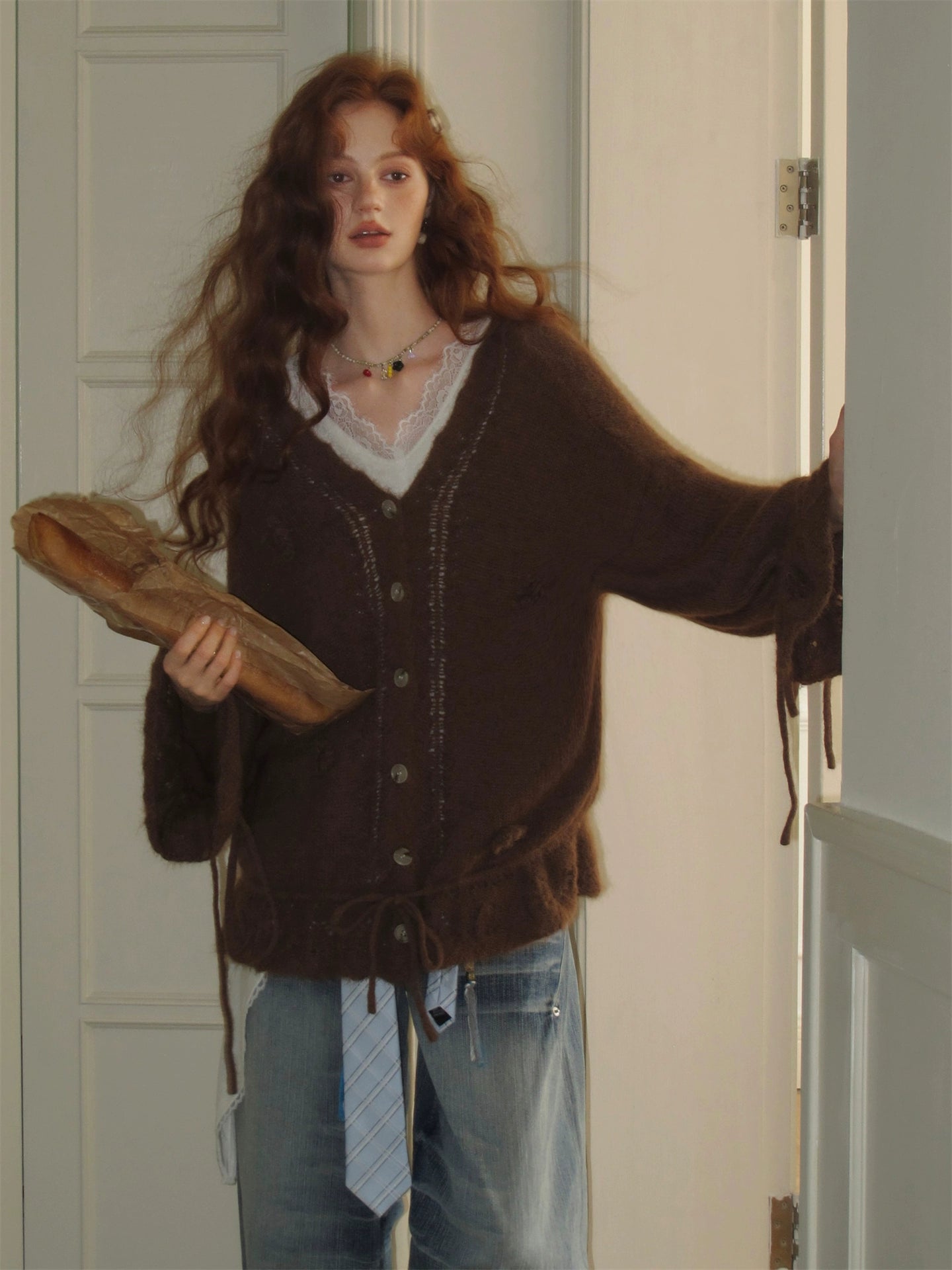 V-Neck Floral Tie Wool-Blend Knit Cardigan