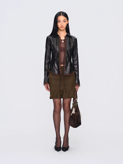 Faux-Leather Tie-Front Lace-Trim Cardigan