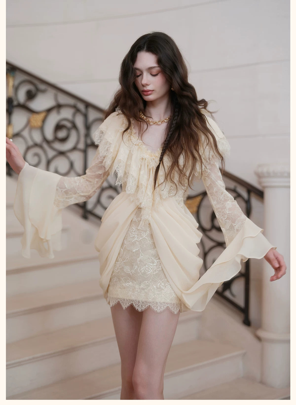 V-Neck Lace Pleated Dress