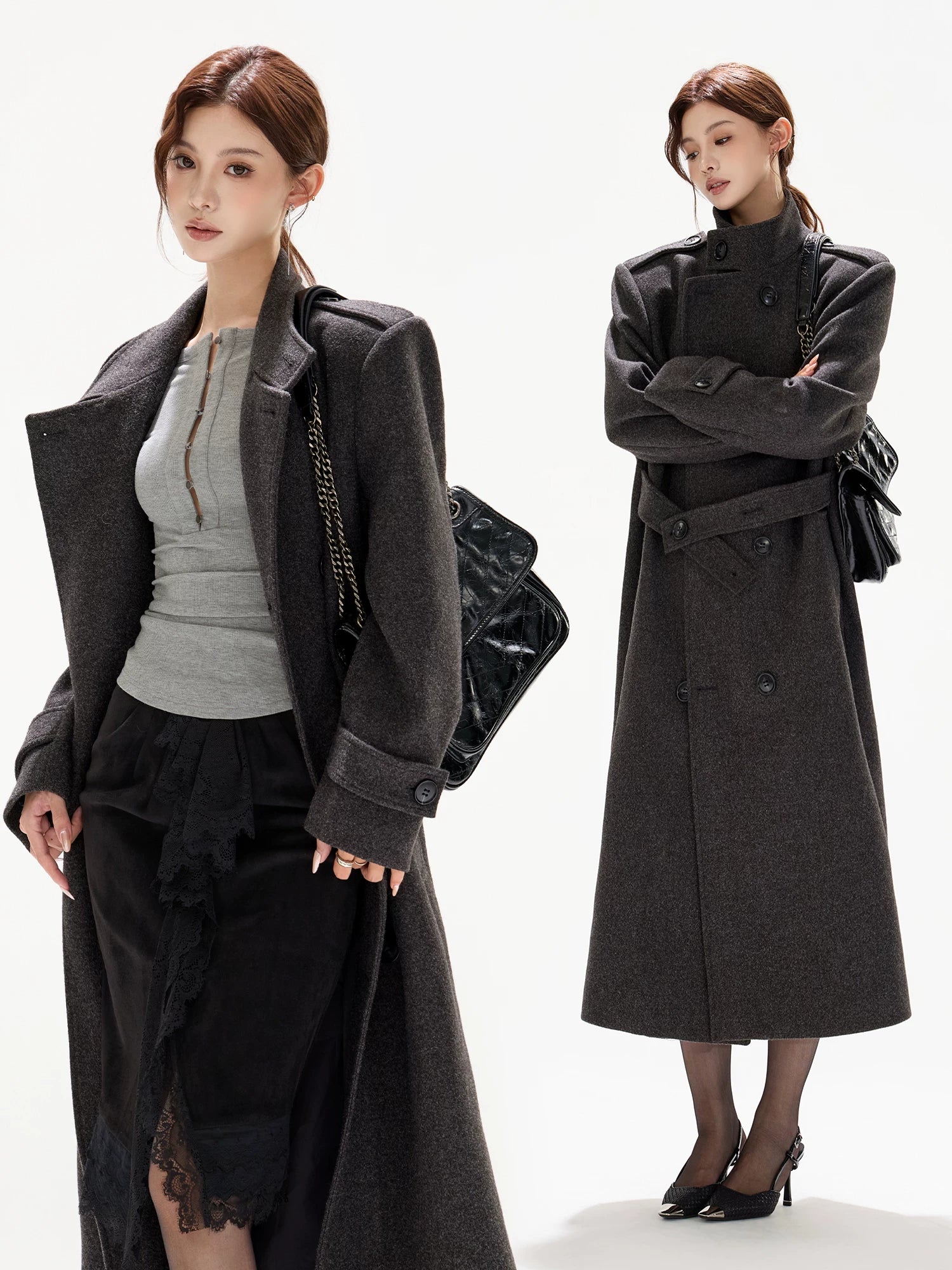 Black Wide-Shoulder Wool Coat