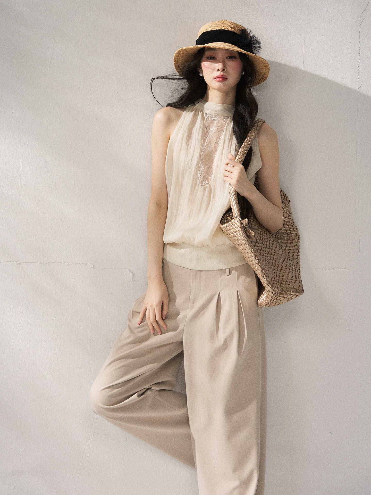 Beige Lace Halter Tank Top