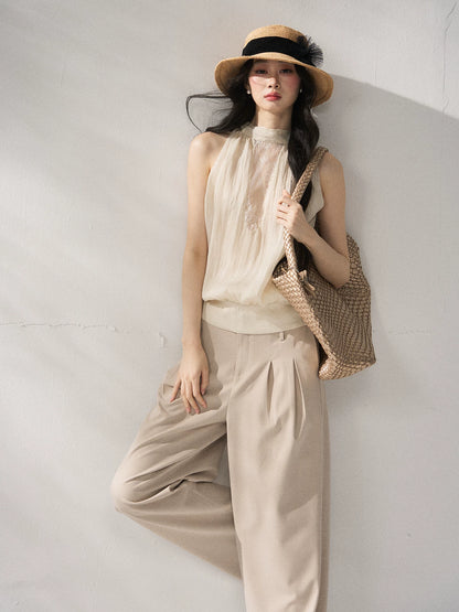 Beige Lace Halter Tank Top