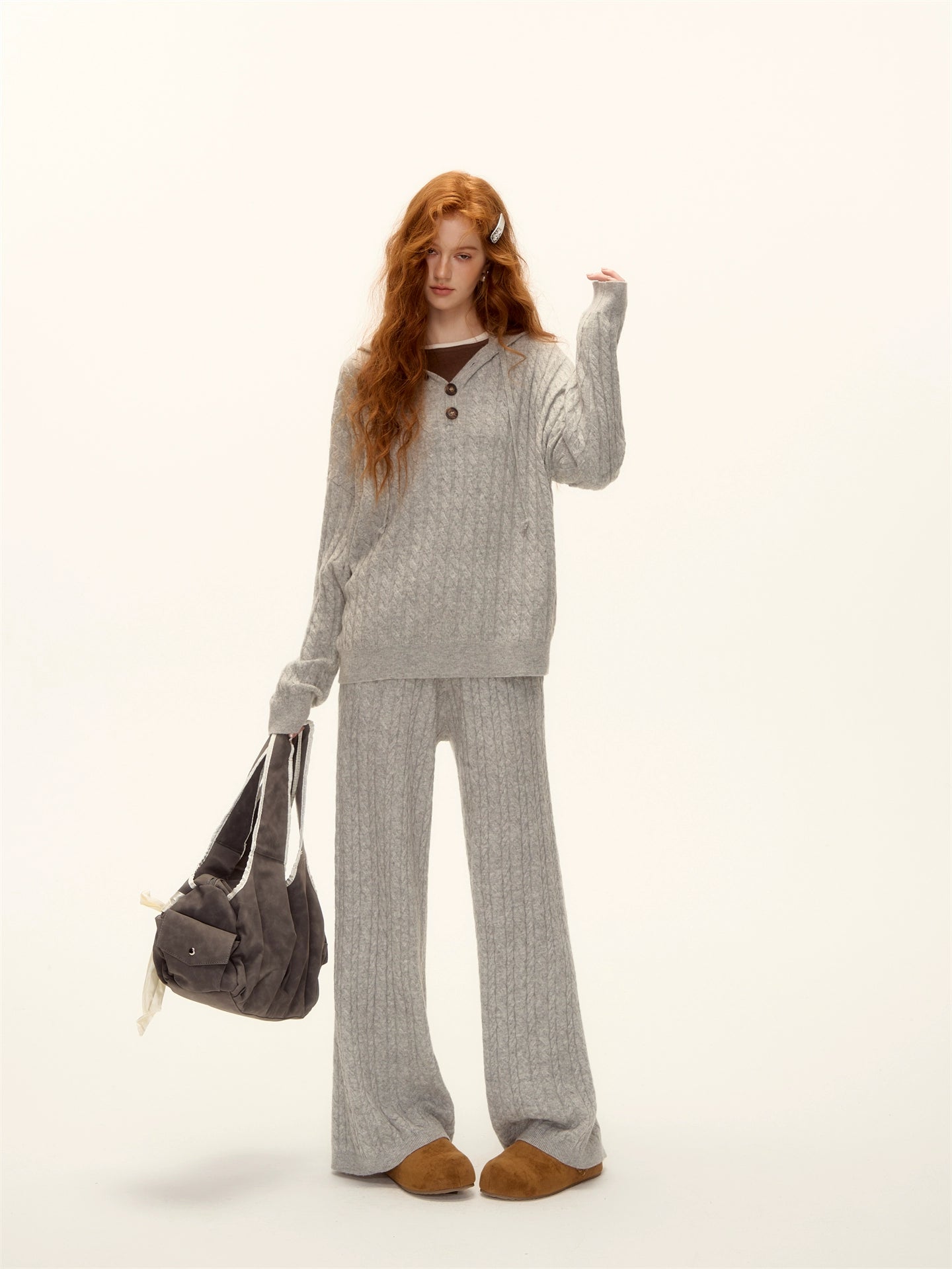 Wool Blend Cable Knit Hoodie and Pants Set