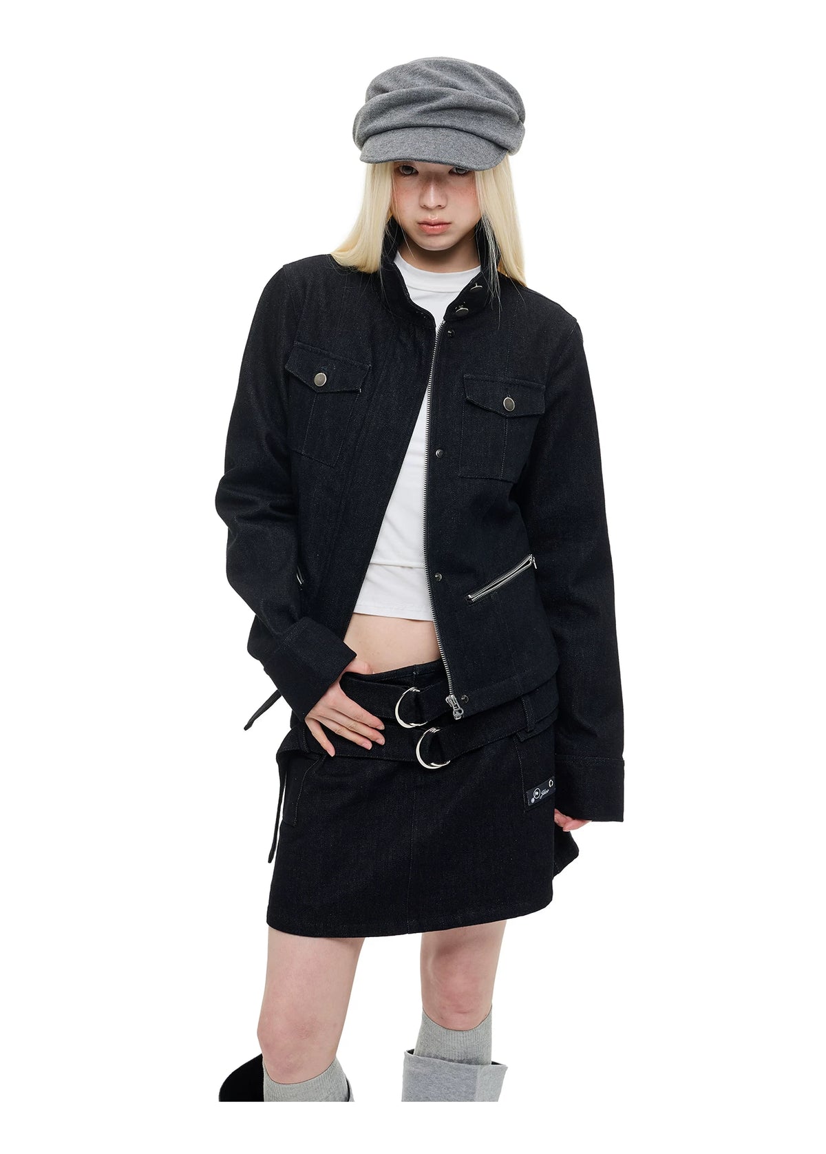 Stand Collar Denim Jacket &amp; Skirt Set