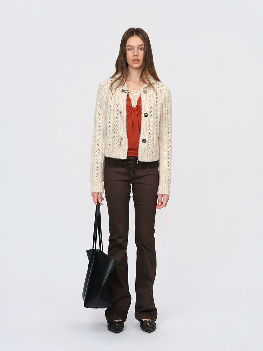 Ivory &amp; Red Cutout Knit Cardigan