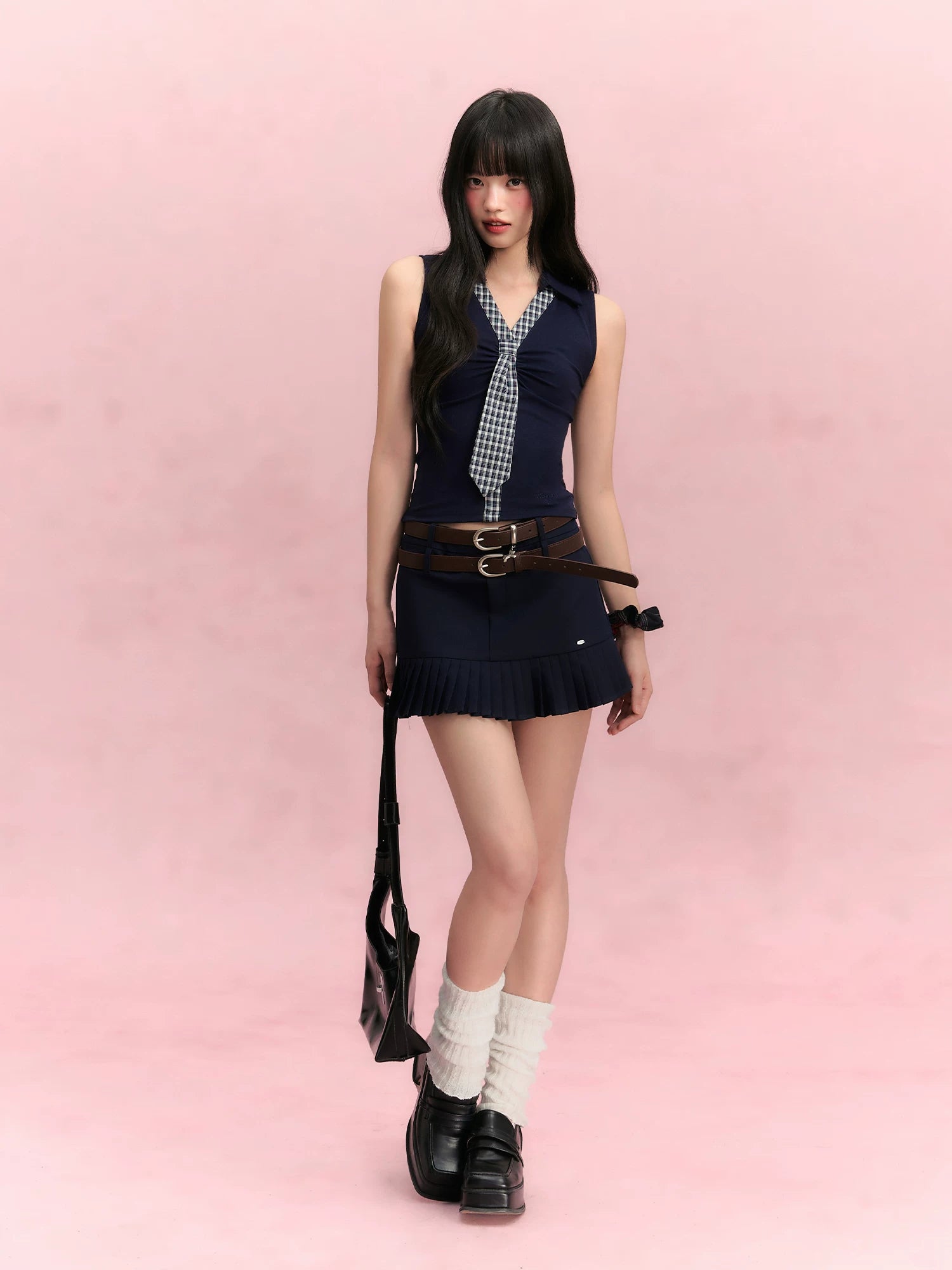 Double Waist Pleated Skirt