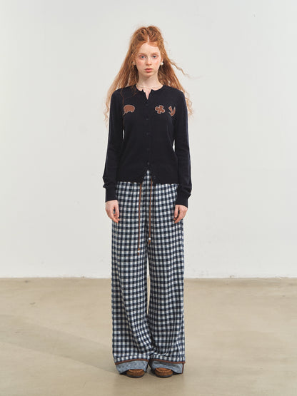 Blue Checkered Cuffed Wide-Leg Pants