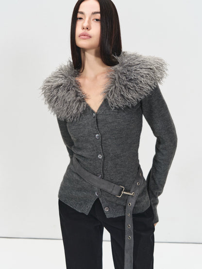 Detachable Fur Collar Suede Belted Cardigan
