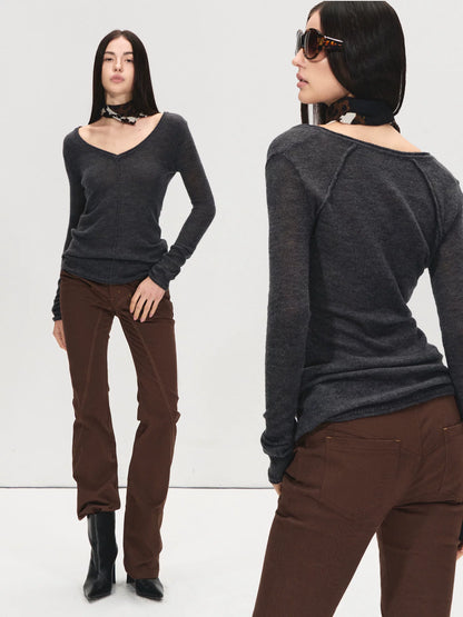 Gray V-Neck Wool Base Top