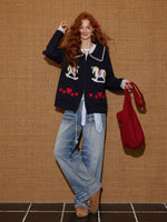 Contrast-Trim Horse Jacquard Knit Zip Cardigan