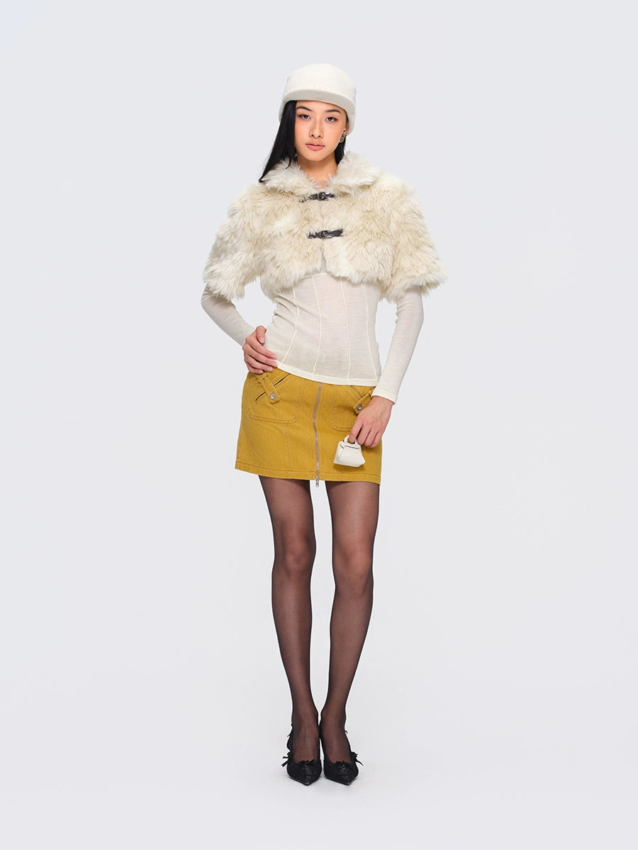 Eco-Fur Capelet Toggle Cropped Jacket