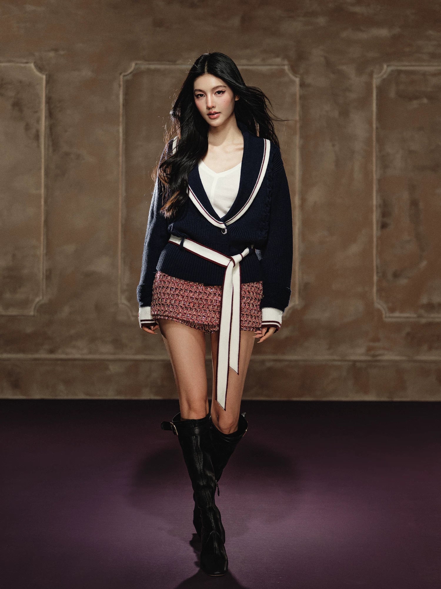 Colorblock Lapel V-Neck Sweater