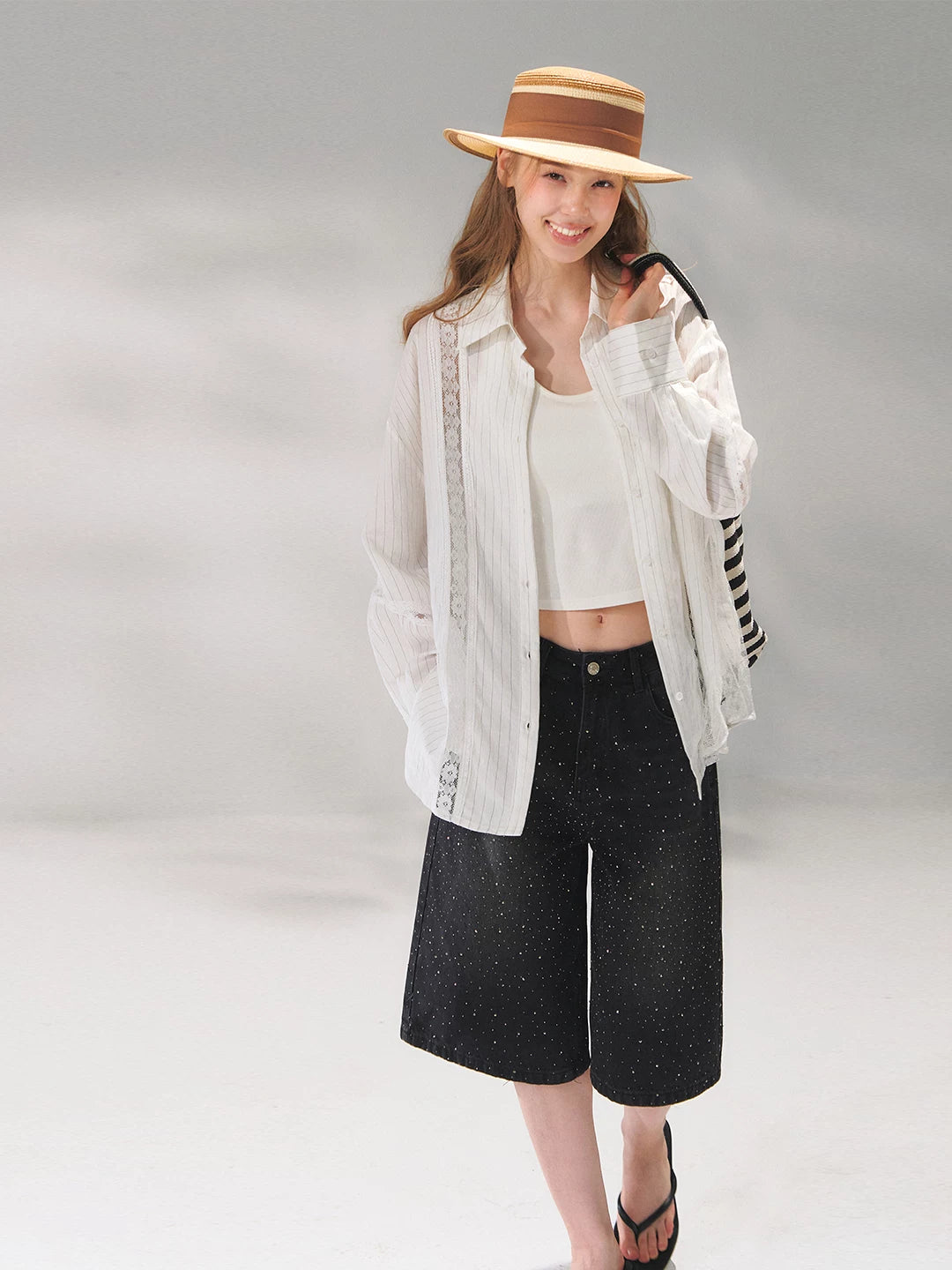 Rhinestone Washed Denim Culottes