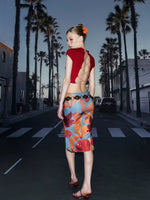 Tropical Fruit Print Side Slit Midi Skirt