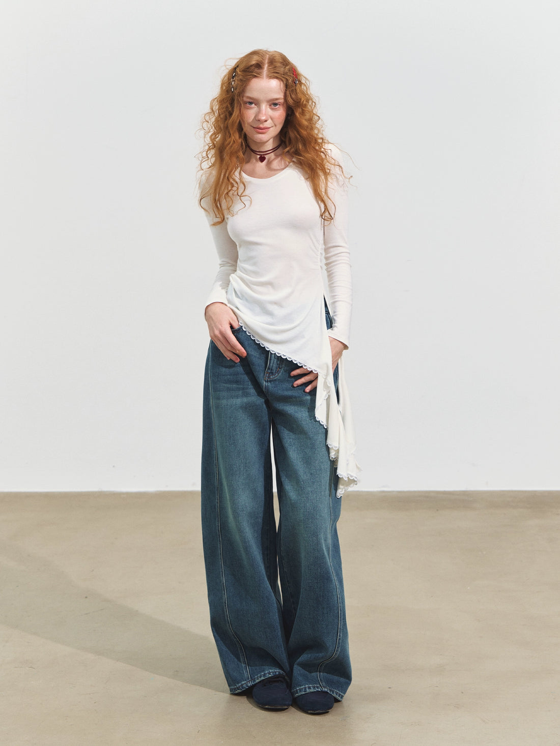 Structured Wide-Leg Moon Cut Denim Pants