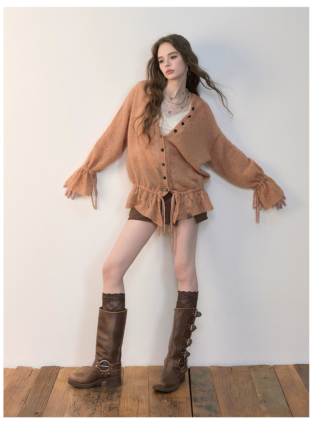 Brown &amp; Off-white Drawstring Knit Cardigan