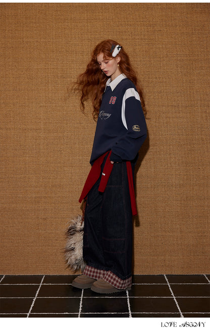 Contrast Collar Embroidered Drawstring Sweatshirt