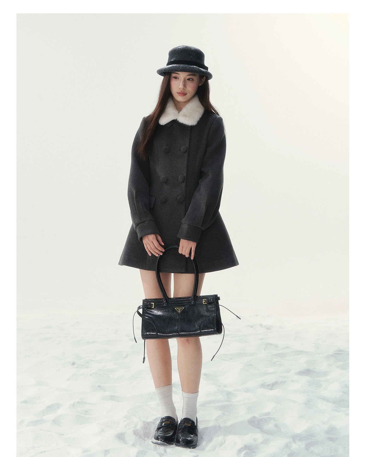 Double-Breasted Fur-Collar Coat Set