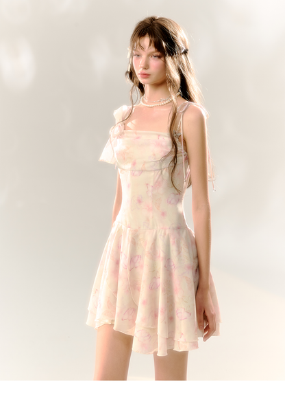 White Butterfly Print Cinched Waist Dress