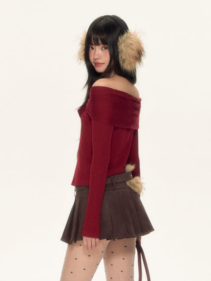 Red Off-Shoulder Bow Knit Top