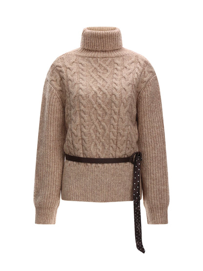 High-Neck Cable Knit Sweater