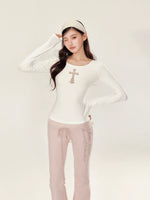 Embroidery Hollow Cross Long Sleeve Top