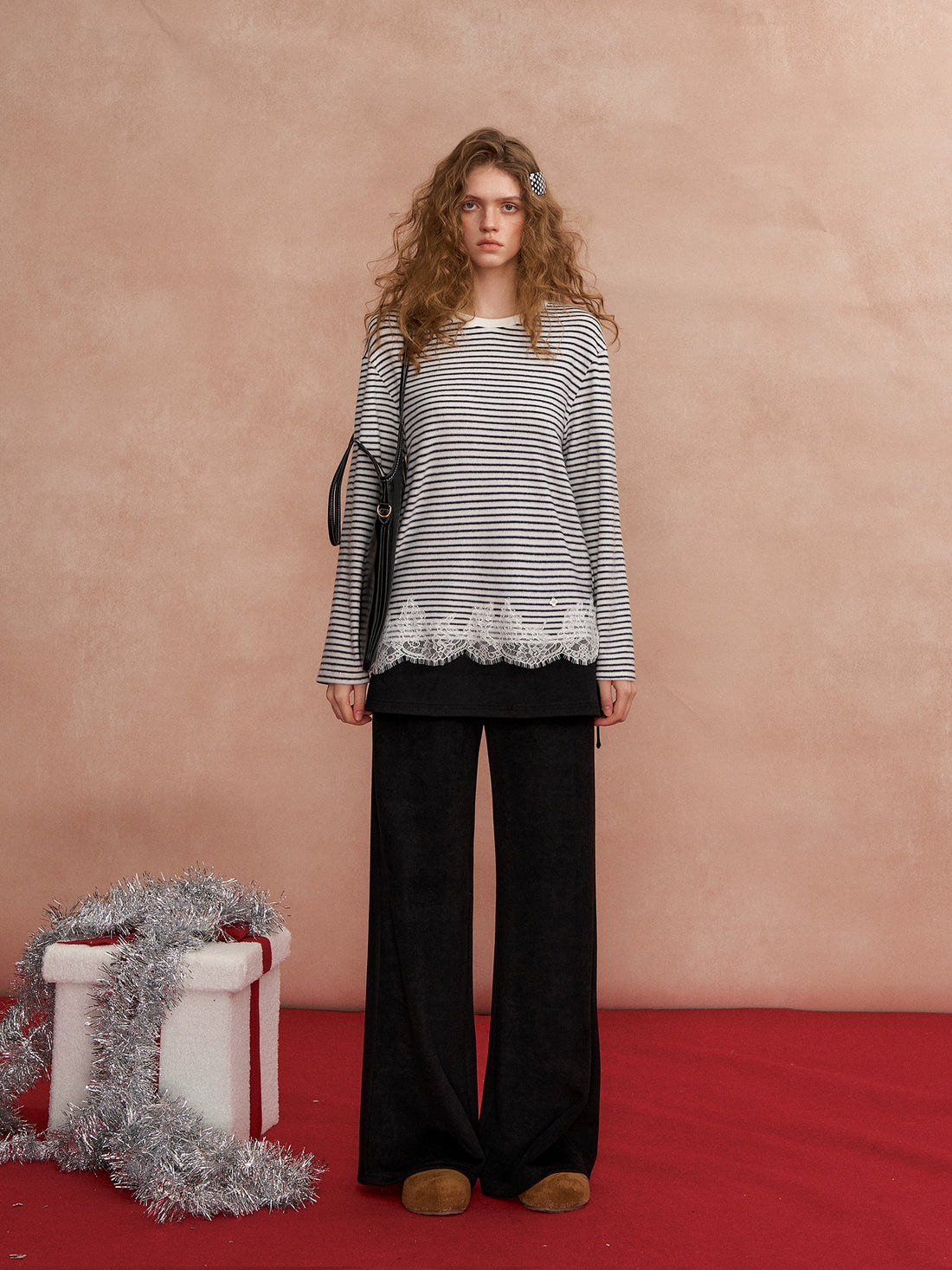 Lace Panel Fuzzy Stripe Tee