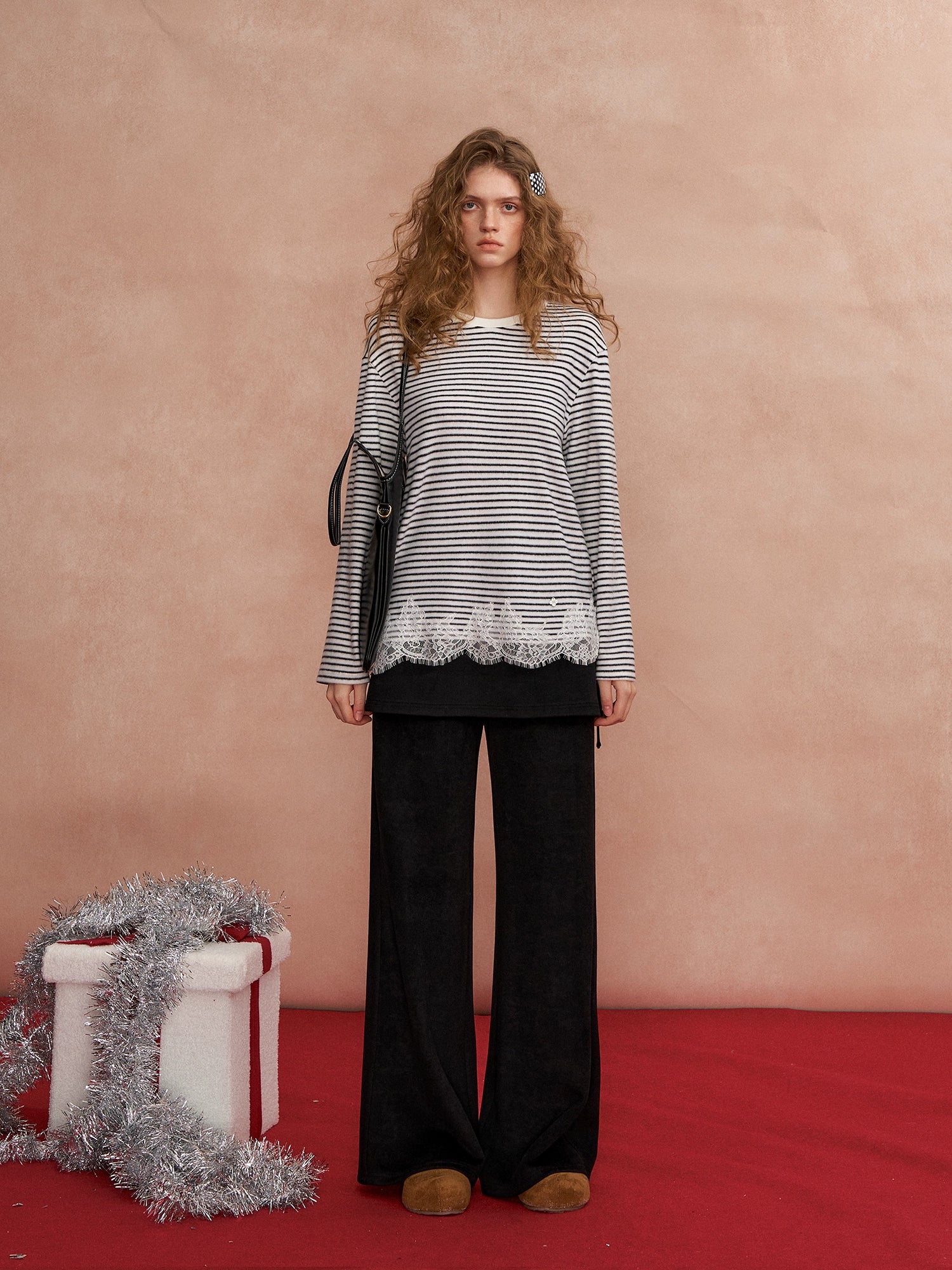 Lace Panel Fuzzy Stripe Tee