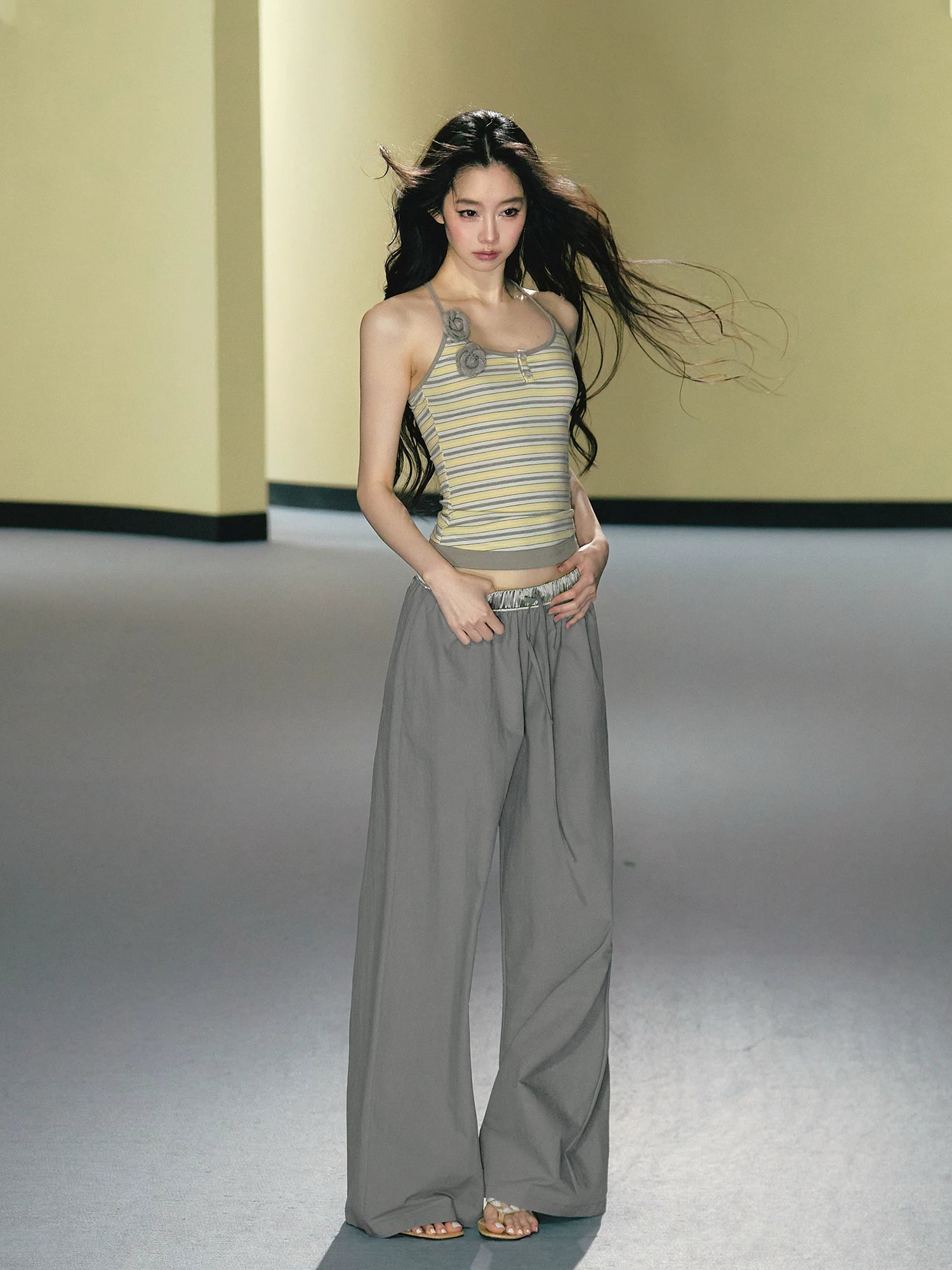 Satin Waistband Wide-Leg Pants